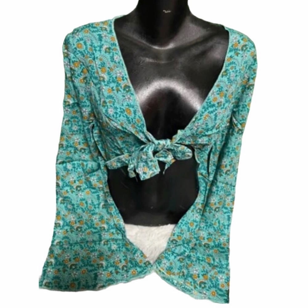 New Boho Floral Green & Orange Ditzy Bell Sleeve Tie Front Crop Kimono Top - Picture 6 of 16